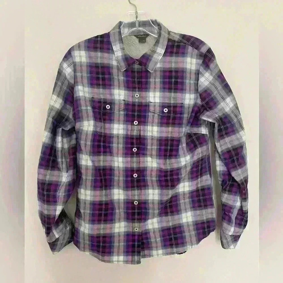 Eddie Bauer Womens Plaid Button Down Size Small Purple Long Sleeve - Picture 1 of 4